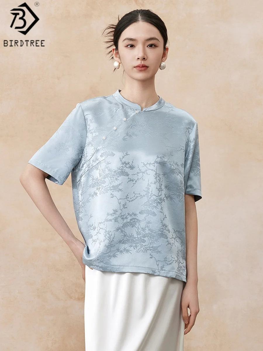 

Футболка Birdtree из 100% натурального шелка, 28 мм, с воротником-стойкой, коротким рукавом, в китайском стиле, женская вышитая рубашка, новинка 2026 года T62322JF