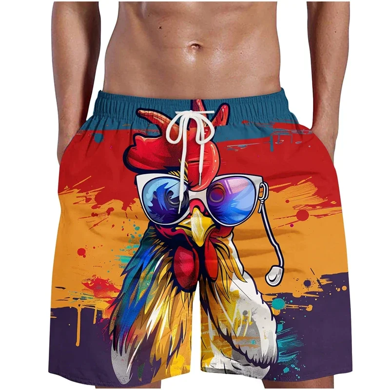 Cartoon Muscular Rooster Beach  Print Boardshorts Unisex for Men & Young Adults,Quick Dry Loose Fit Beach Vacation Summer Shorts