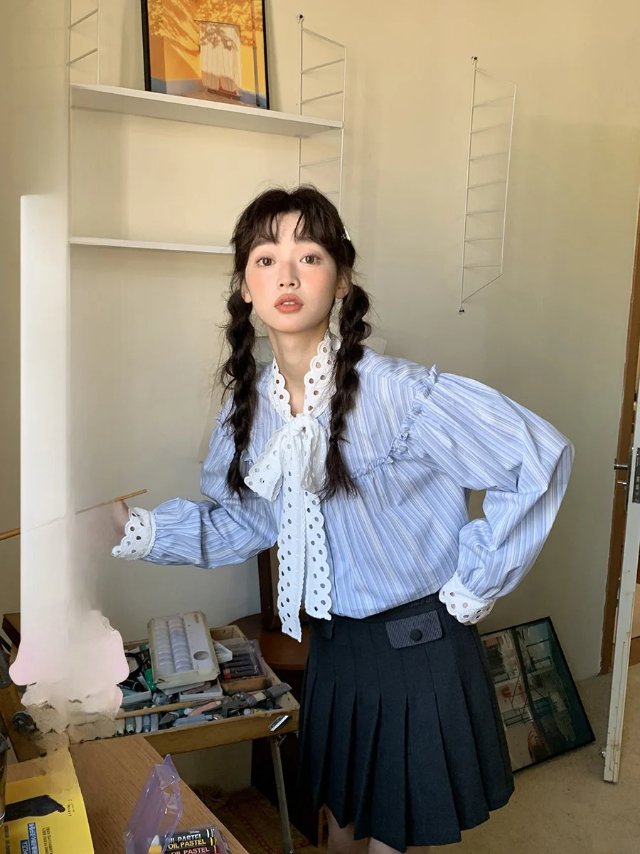 

Женский полосатый топ в стиле ретро с длинными рукавами-фонариками, свободного кроя, из смесового хлопка, весна-лето