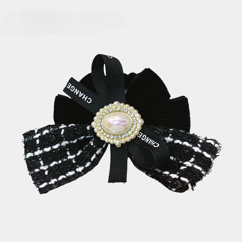 Korean Fashion New Arrival Velvet Hair Clip with Plaid Bow and Pearl Women\'s Black Jewelry Accessories Kawai Hairbows for Girls