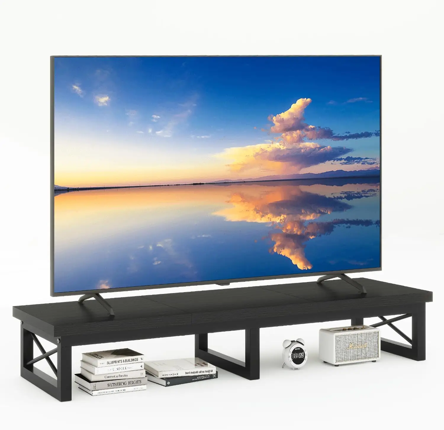 45' Large TV Riser for 32-60 inch TV,Tabletop Short TV Stand with Storage and Steel Legs,Dual Screen Office Desk,Stand Riser