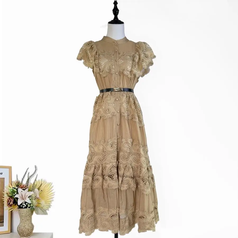 2025 painel de renda vestido de pescoço alto feminino botão até vestido em camadas de luxo feminino elegante dress-GZMM276