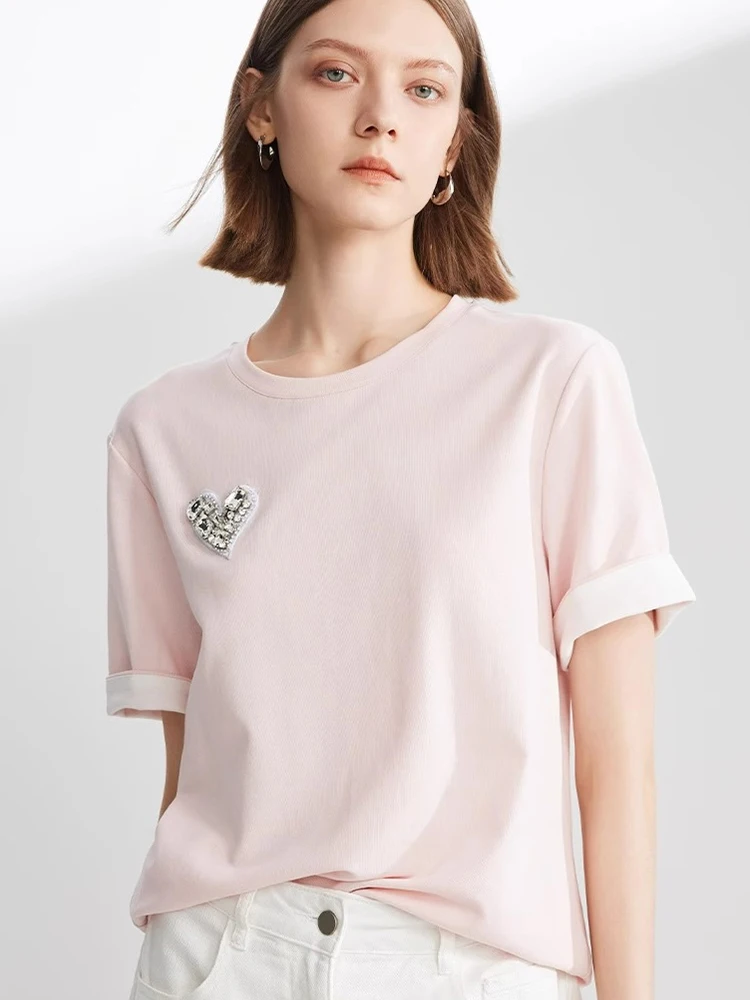 

Unique Fashionable Short Sleeve Diamond Embedded Heart Pattern T-Shirt Soft Comfortable Commute Style Korean Straight Cut Top