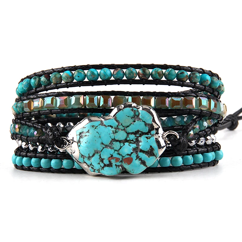 Fashion Beaded Jewelry Handmade Mixed Natural Stones/Crystal and Blue Stone Charm 5 Strands Wrap Bracelets Drop Shipping