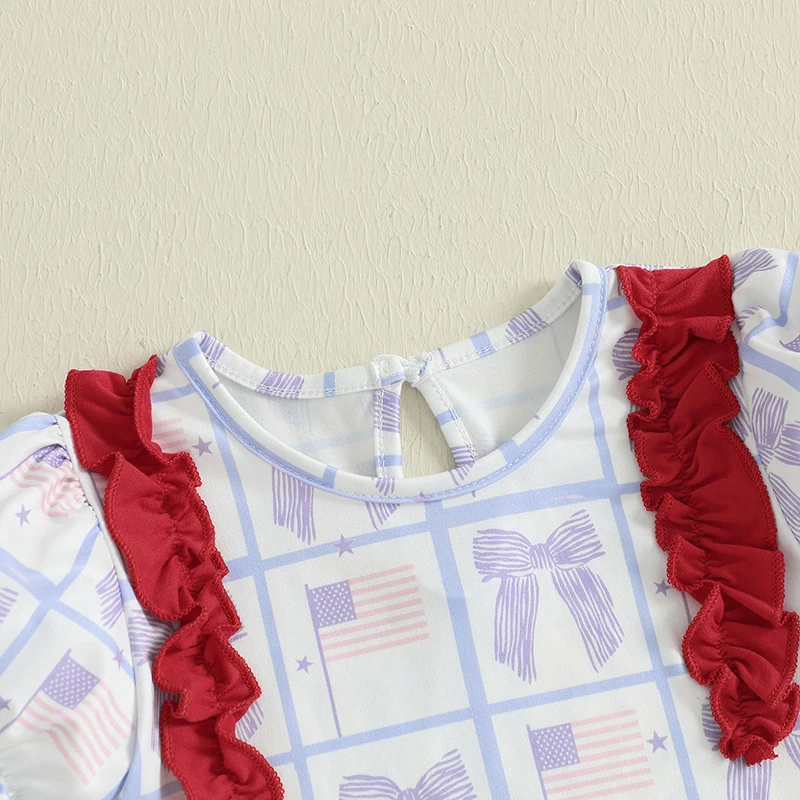 Cute Baby Girl Independence Day Outfit Top senza maniche con volant con stampa bandiera americana e pantaloncini di jeans Set da 2 pezzi per la festa estiva