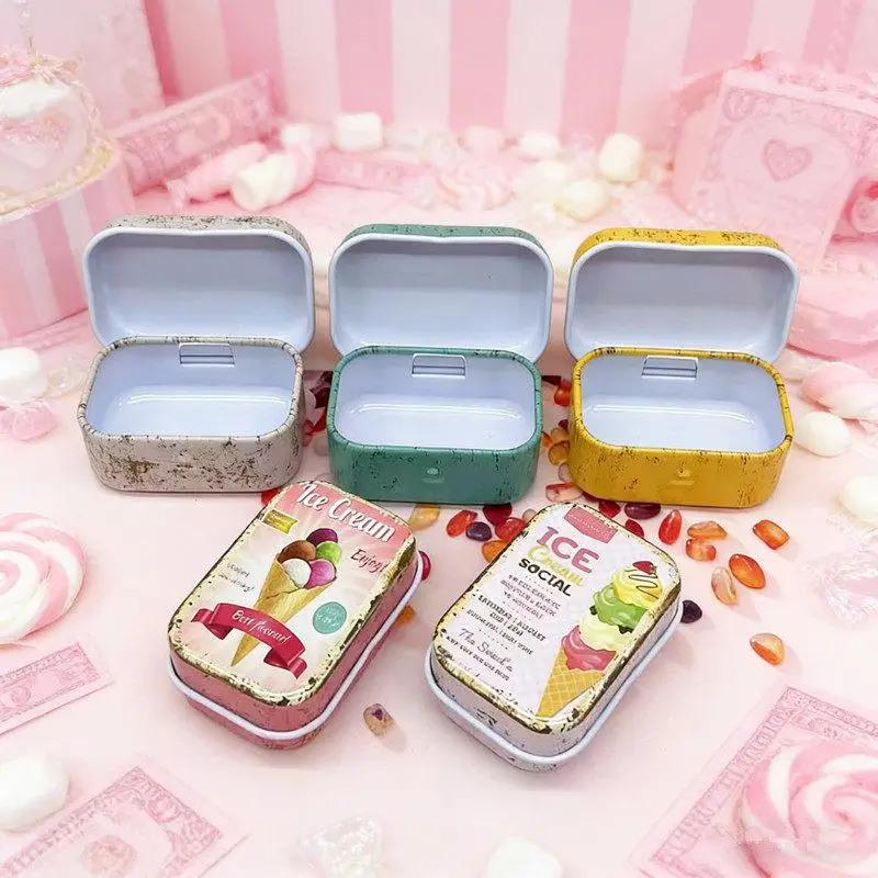 1PCS Flip Cover Tin Box Mini Rectangular Iron Box Decorative Box Portable Small Storage Cans Candy Pills PaperClip CuteStyle