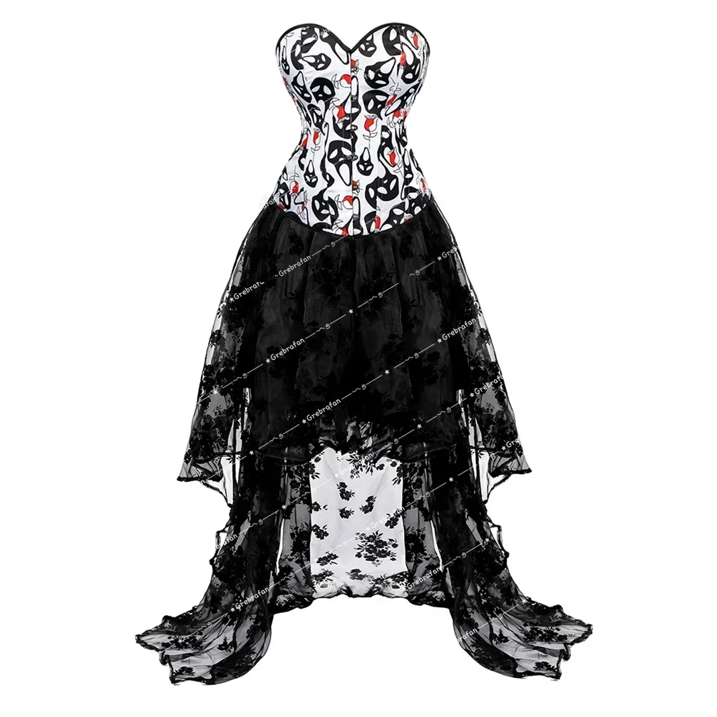 

Gothic Corset Skirt Burlesque Skull Print Bustier Lace Up Corsage Rave Carnival Outfits Women's Halloween Costume Plus Size
