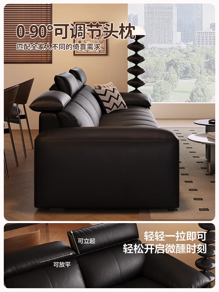 Karshi light luxury leather sofa high backrest adjustment Italian elephant ears black straight sofa