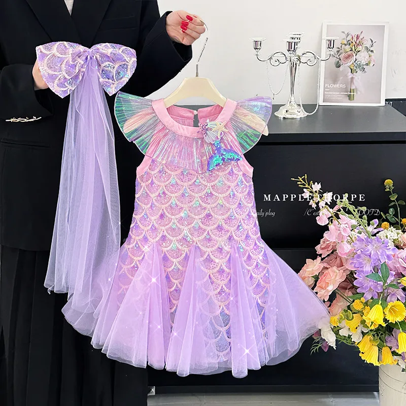 Little Girl Mermaid Princess Dress Sparkly Sequin Tulle Tutu with Detachable Bow Veil Summer Birthday Party Dress Ball Gown Kids