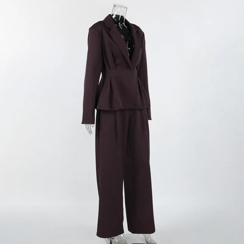 Spring Autumn Niche Design Style Deep V-neck Low-cut Long-sleeved Cinched Waist Suit Jacket and Long Pants Two-piece Women's Set