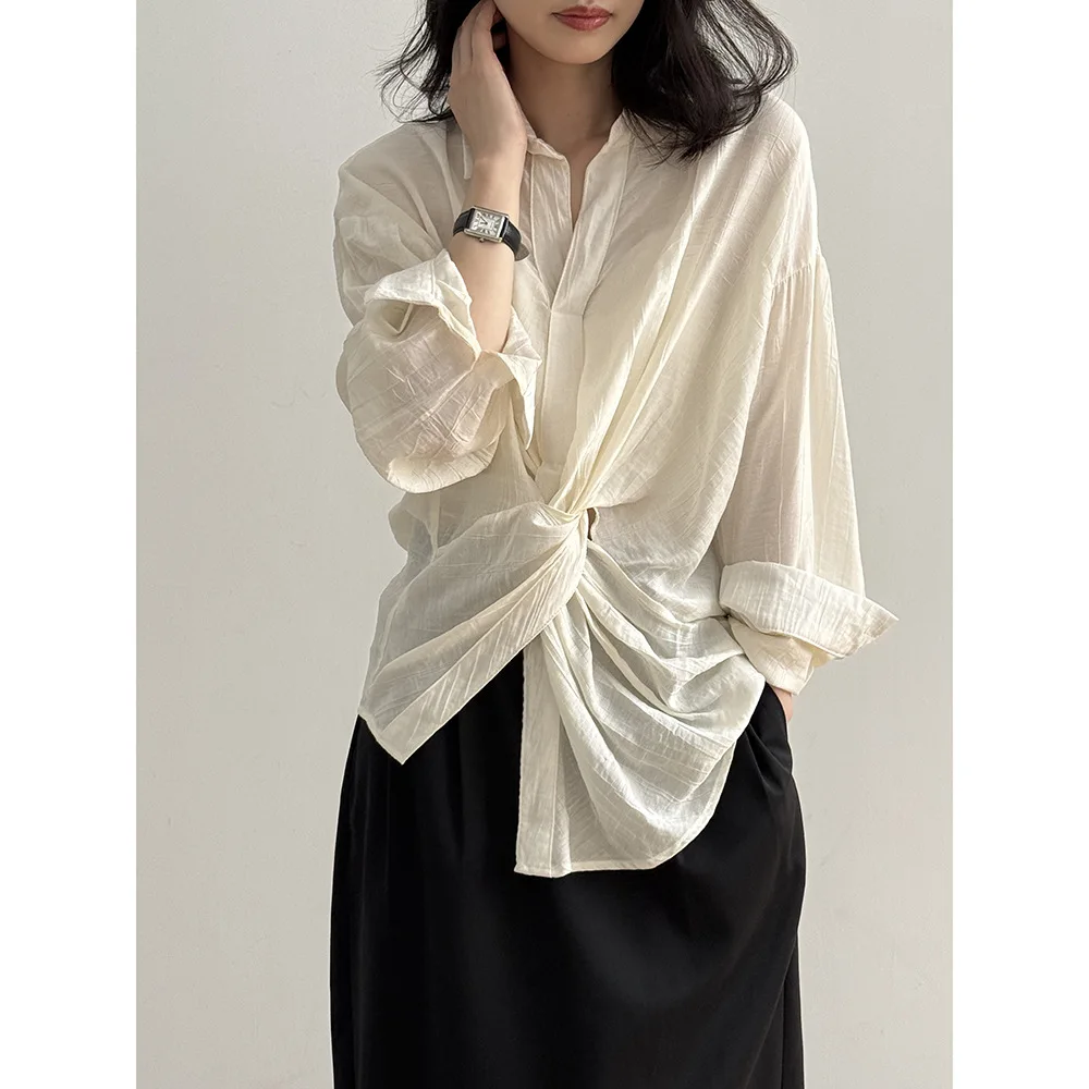 

V-neck knot irregular waist cinched shirt for women in the summer of 2025 new simple and niche chic shirt