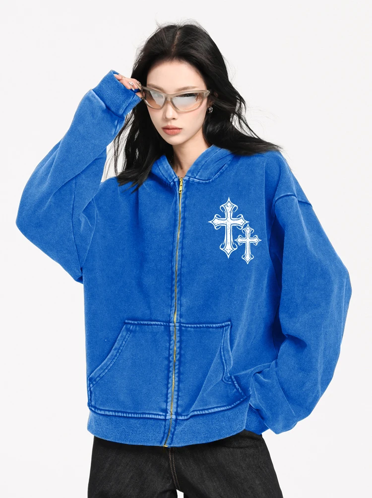 Crucifixion Creative Print Washed Zipper Hoodie Woman Fashion Oversize Hoody Autumn O-Neck Streetwear Casual Cotton  Pullover