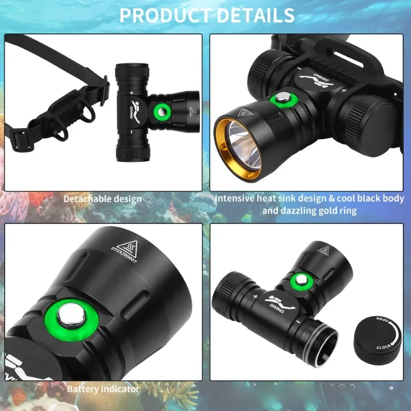 Linterna de cabeza de buceo potente LED profesional, 5000LM, IPX8, resistente al agua, bajo el agua, 200M, batería 18650