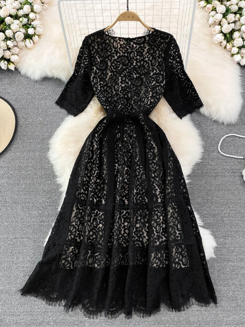 Sweet Memory 2024 Summer Black Lace Long Dress Vintage V-neck Short Sleeve Cocktail Party Dress Robes Femme Vestidos