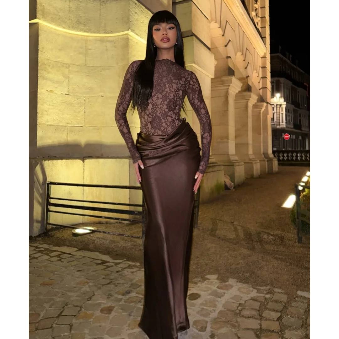 

Elegant Evening Dresses Illusion Lace Long Sleeves Prom Dress Pleat Elegant Formal Party Gown Gala Vestidos Customized