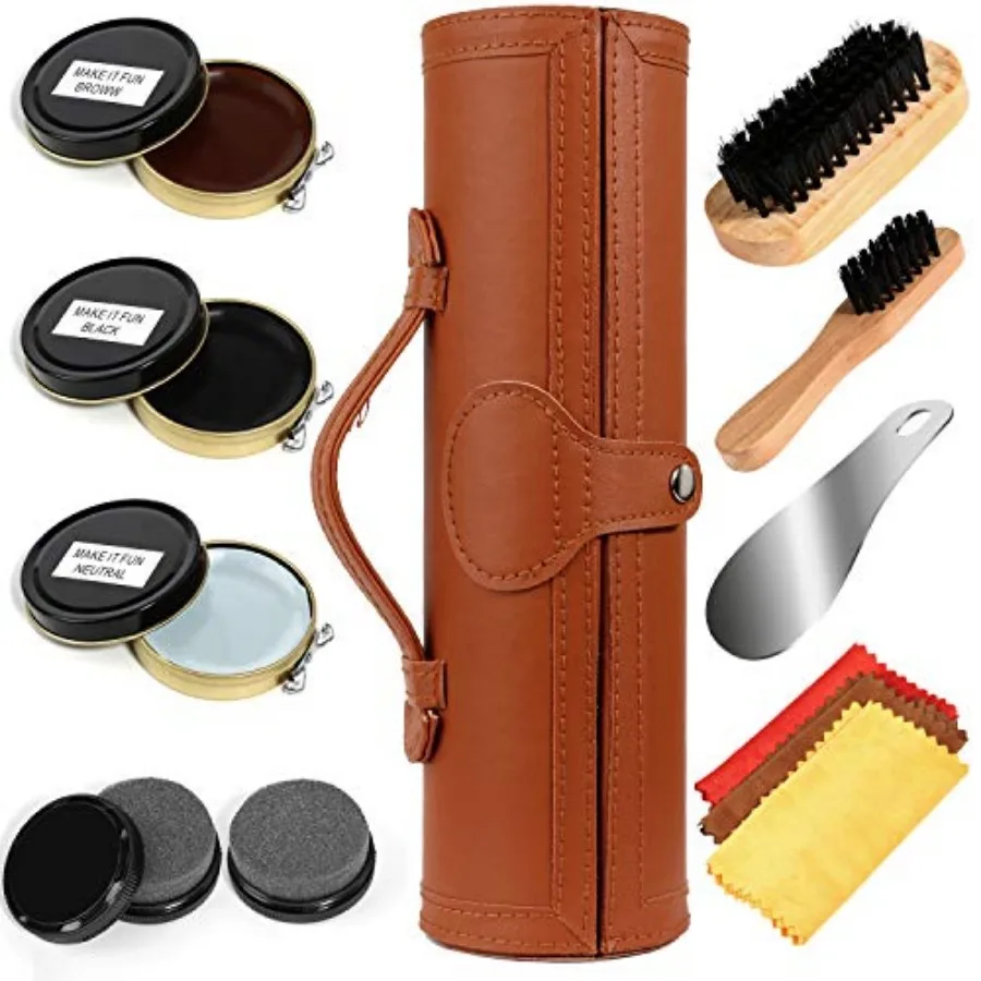 

Shoe Shine Kit with PU Leather Sleek Elegant Case, 2-Piece Travel Shoe Shine Brush kit