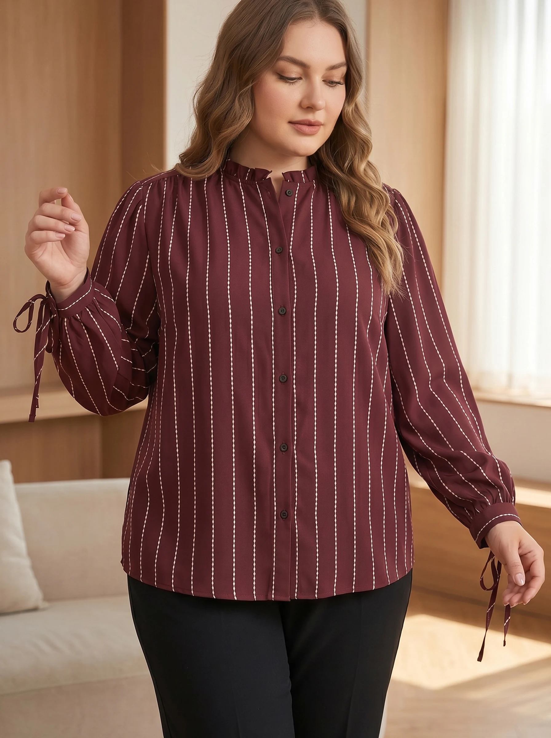 

Gadinus Plus Size Women’s Vintage Stripe Ruffle Stand Collar Long Sleeve Blouse Loose Fit Tie Cuff Button Shirt