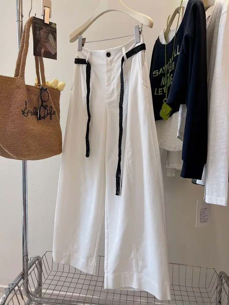 Pantalon décontracté rétro japonais, coupe ample, tissage lâche, ceinture, taille haute, jambe droite, large, ex printemps automne