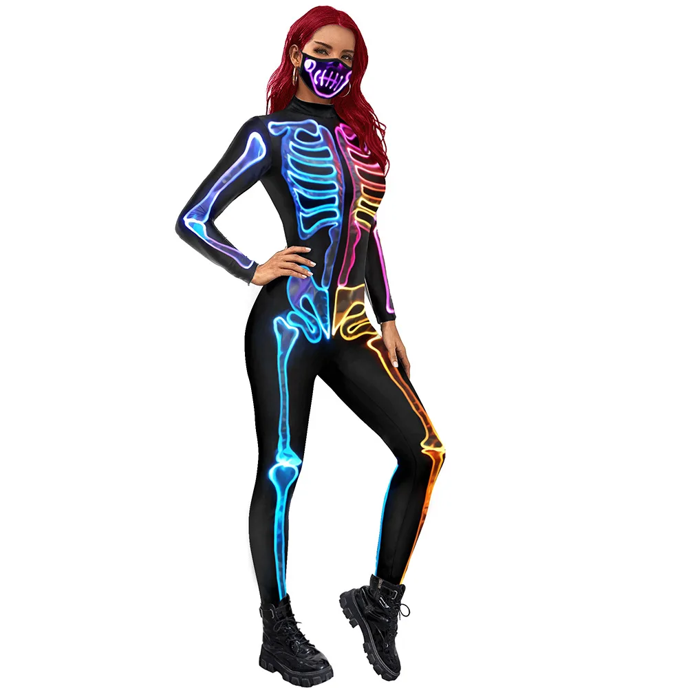 New Arrival Colorful Skeleton Print Women\'s Long Sleeve Tight Jumpsuit Cosplay Halloween Costume Stage Performance Clothing