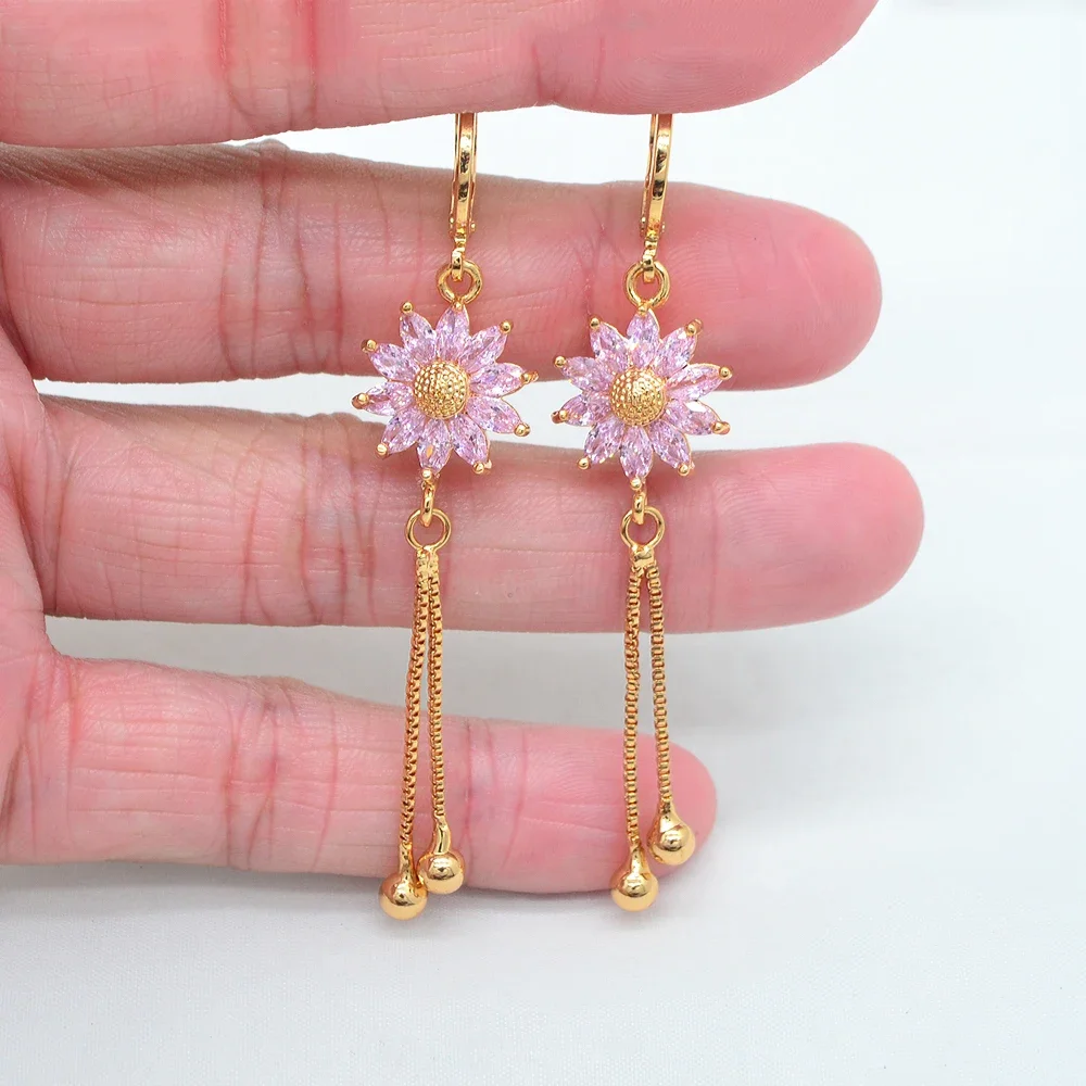 Gold Color Fashion Pink Zircon CZ Sunflower Tassel Dangle Earrings for Women