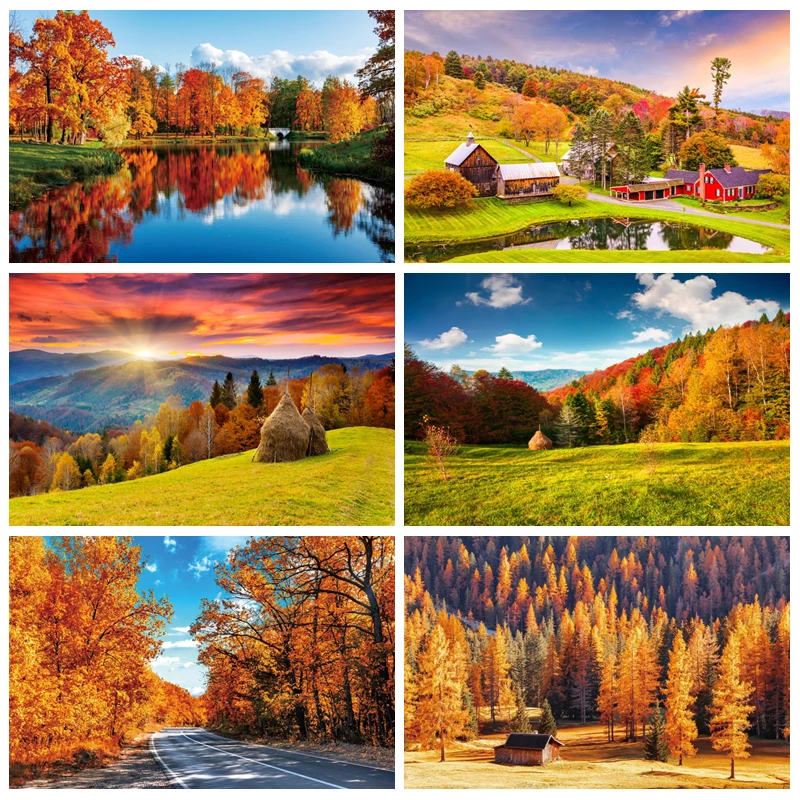 

Autumn Nature Scenery Photography Backdrop Maple Forest Mountain Water Road River Fall Landscape Kids Portrait Photo Background