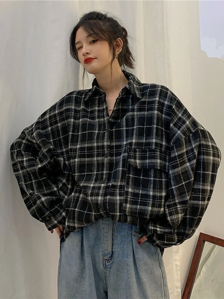 JMPRS Thick Women Shirts Oversize Casual Button Up Loose Shirt Vintage Plaid Pocket Long Sleeve Fall Black Female Tops New