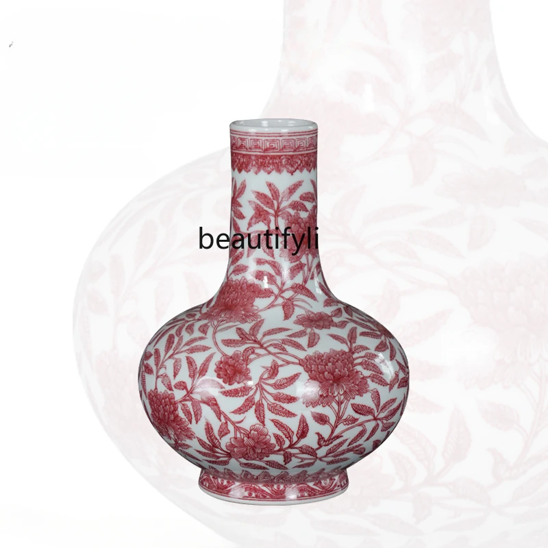 

Glazed Red Peony Flower Picture WideBelly Bottle Jingdezhen Ceramic Chinese Style Living Room Flower Arrangement Home Decoration