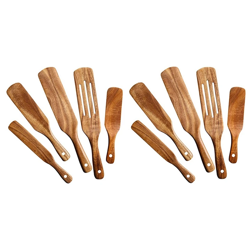 

LJL-Wooden Spurtles Set (10Pcs) - Teak Wood Kitchen Tools Set - Heat Resistant Non Stick Wood Cookware For Stirring & Mixing