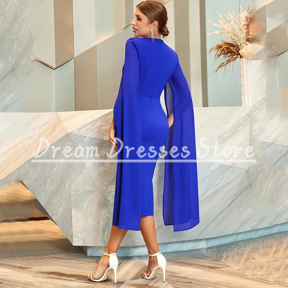 Elegant Long Sleeve Royal Blue Mother of the Bride Dresses V-Neck Pleat Tea-Length Wedding Party and Banquet Guest Custom Gowns