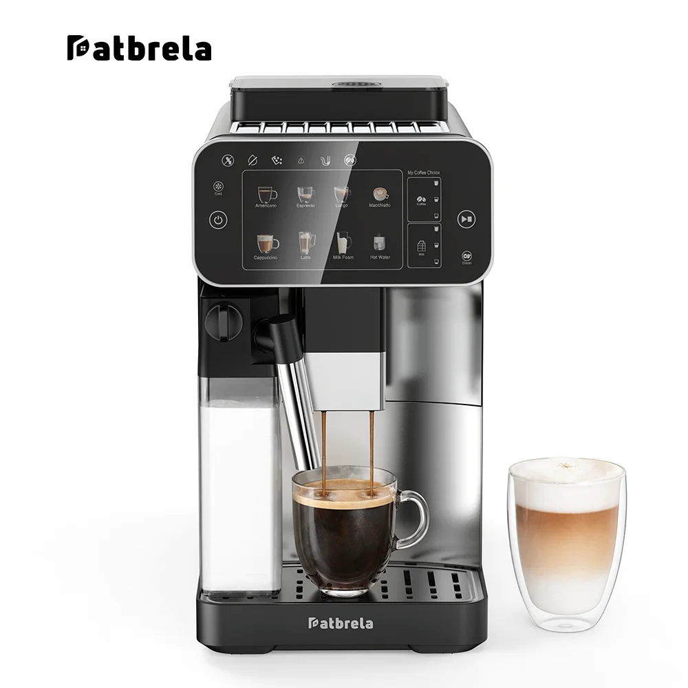 Macchina da caffè automatica Patbrela 1450W, macchina da caffè automatica intelligente a 20 bar con contenitore per il latte, schermo con menu 8 in 1 per preparare latte, caffè americano, cappuccino e