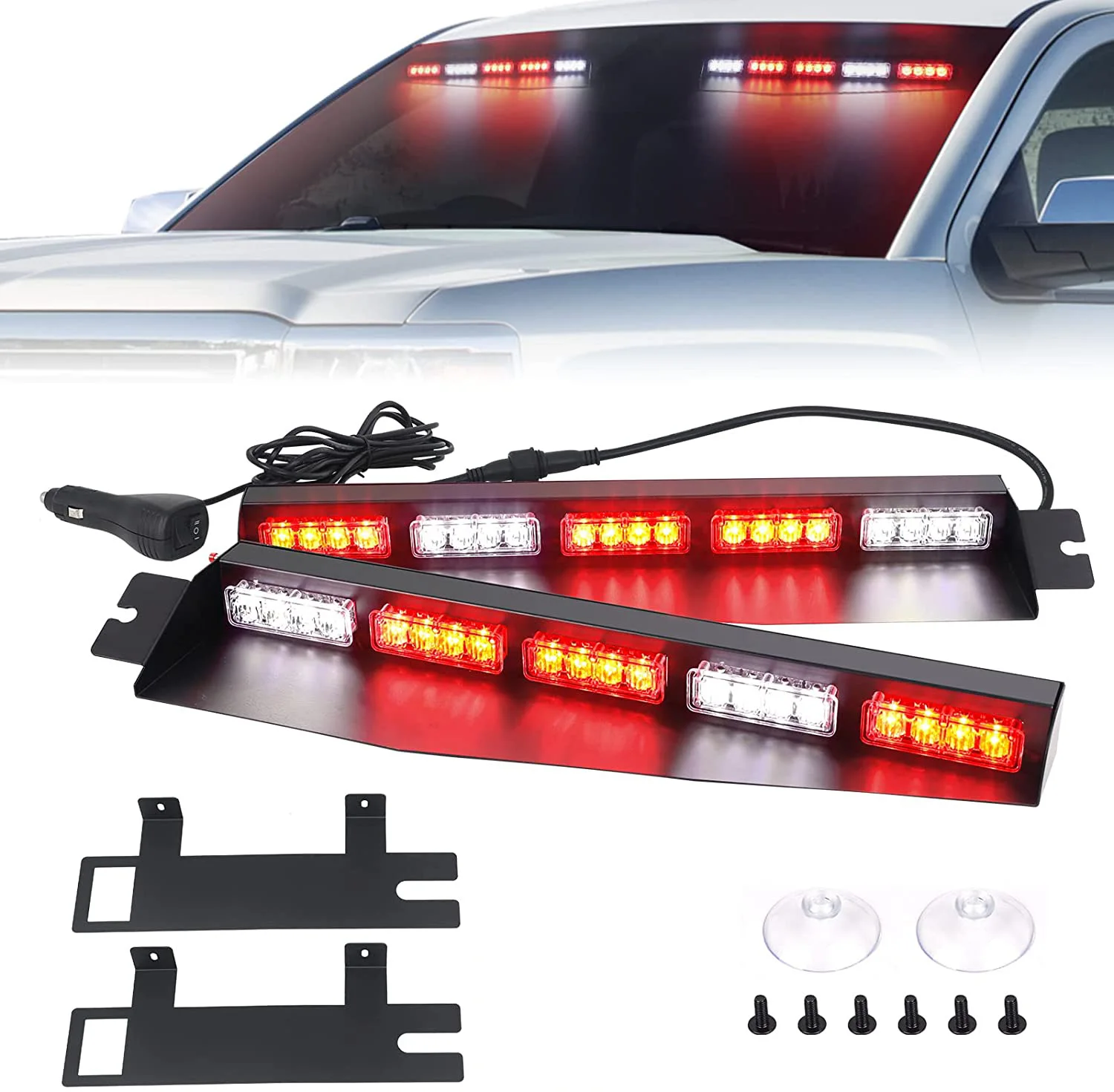 High Power 40 LED Red White Auto Truck Visor Emergency Light Bar Windshield Dash Strobe Light 12V 24V Take Down W/ Support Bar