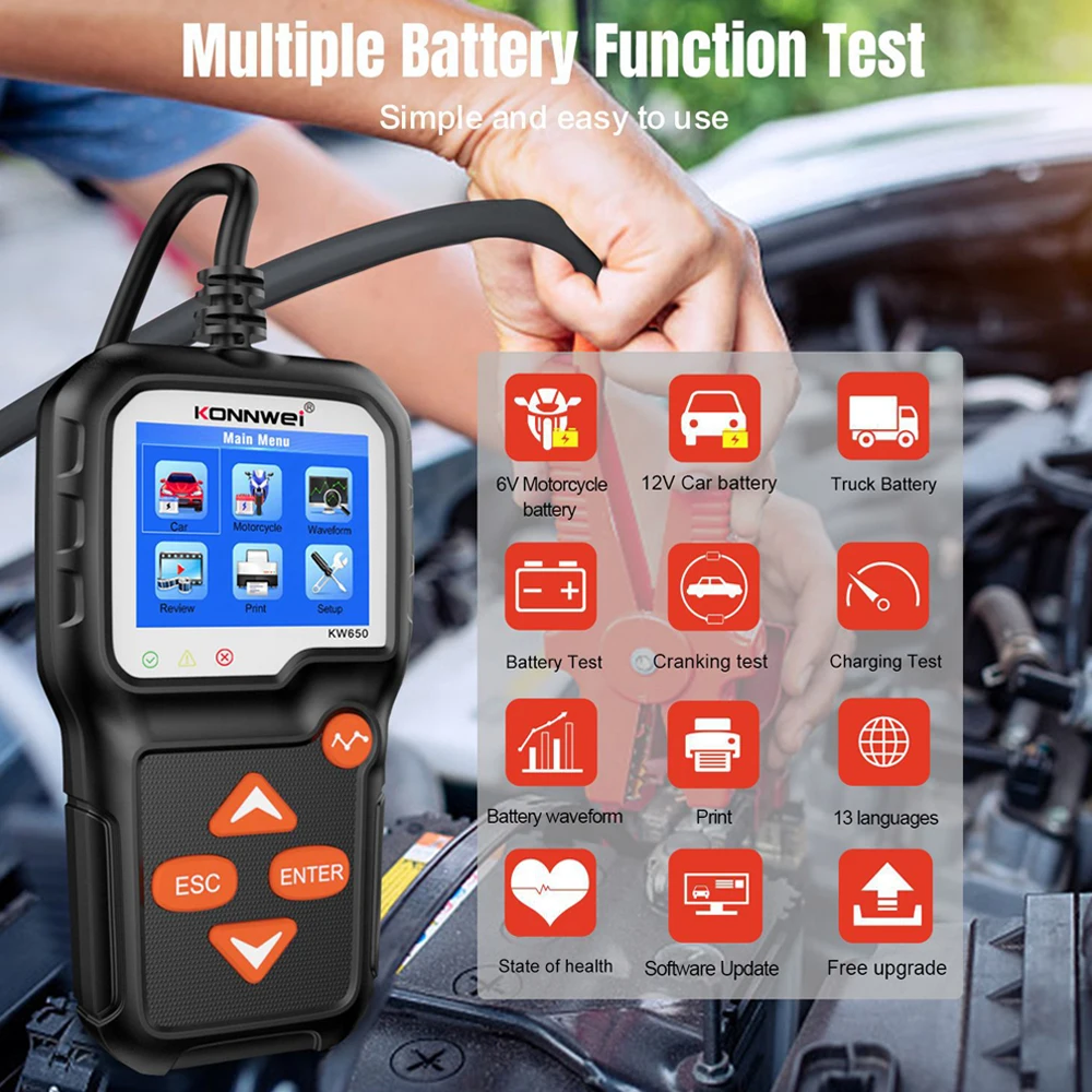 KW650 High Precision Car Moto Battery Tester 6V To 12V Lithium Lead-acid AGM Battery Analyzer Auto Cranking Charging Test Tools