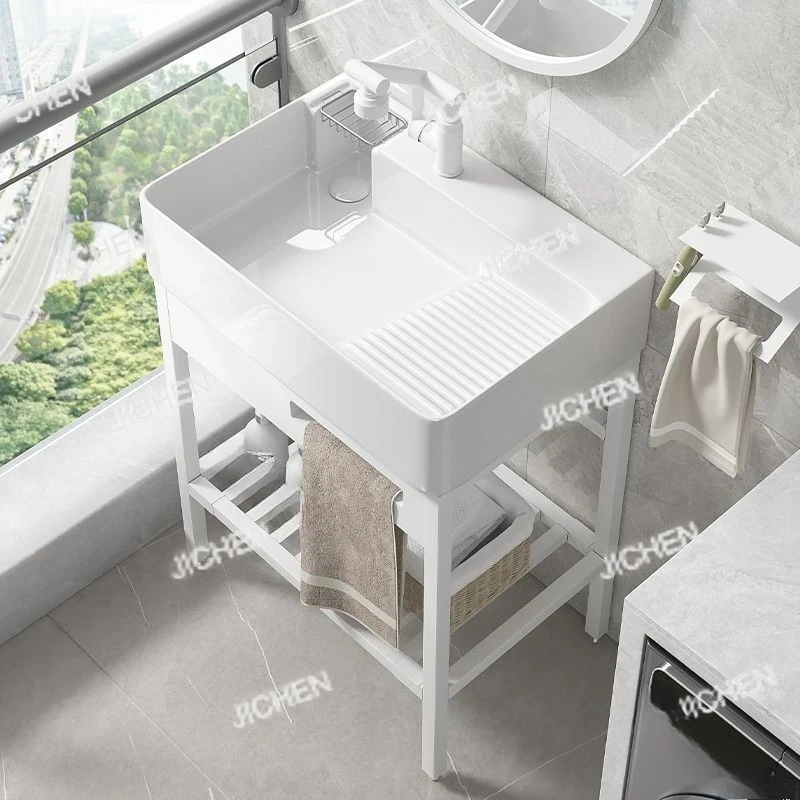 

Pure white non-punching floor-to-ceiling bracket basin combination small apartment bathroom household with washboard ceramic lau