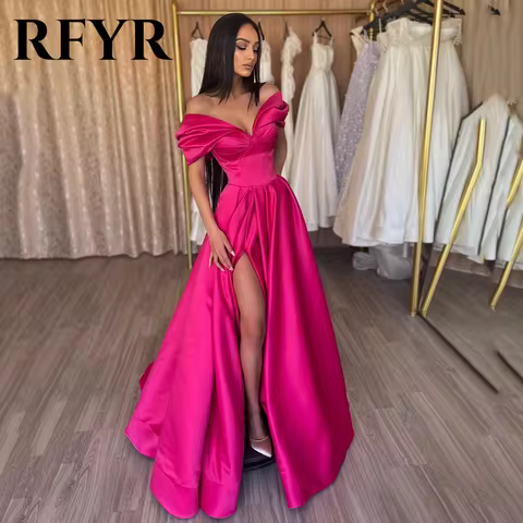RFYR Elegant Pleats Prom Gown Satin Side Slit Evening Dress Off Shoulder Party Prom Dress For Women robes de soir&eacute;e Customized