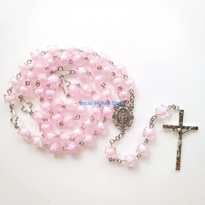 A5YD Pink Square for Cross Rosary Necklace Holy Catholic Jewelry Charm Pendant for Christian Church Home Bedroom Decoration