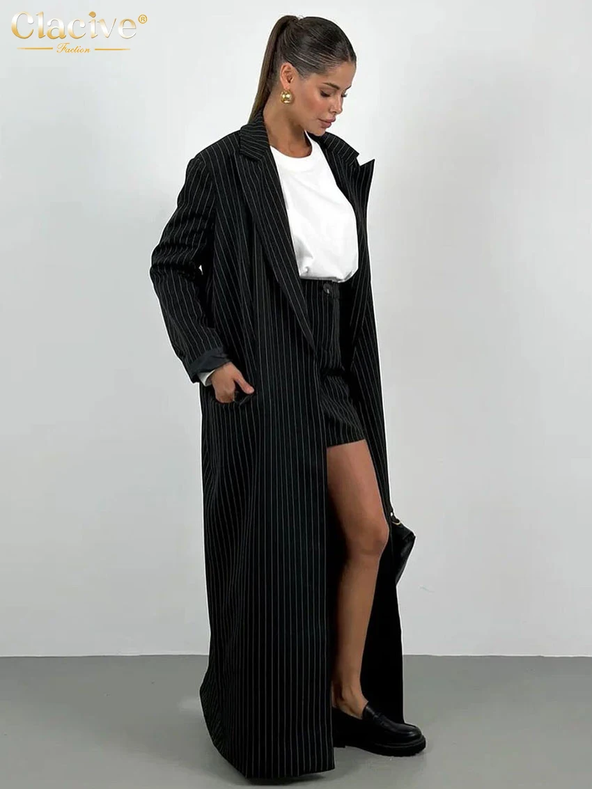 Clacive Fashion Gray Stripe Women\'s Two Pieces Set 2025 Elegant Long Sleeve Long Blazer With High Waist Mini Skirt Set Female