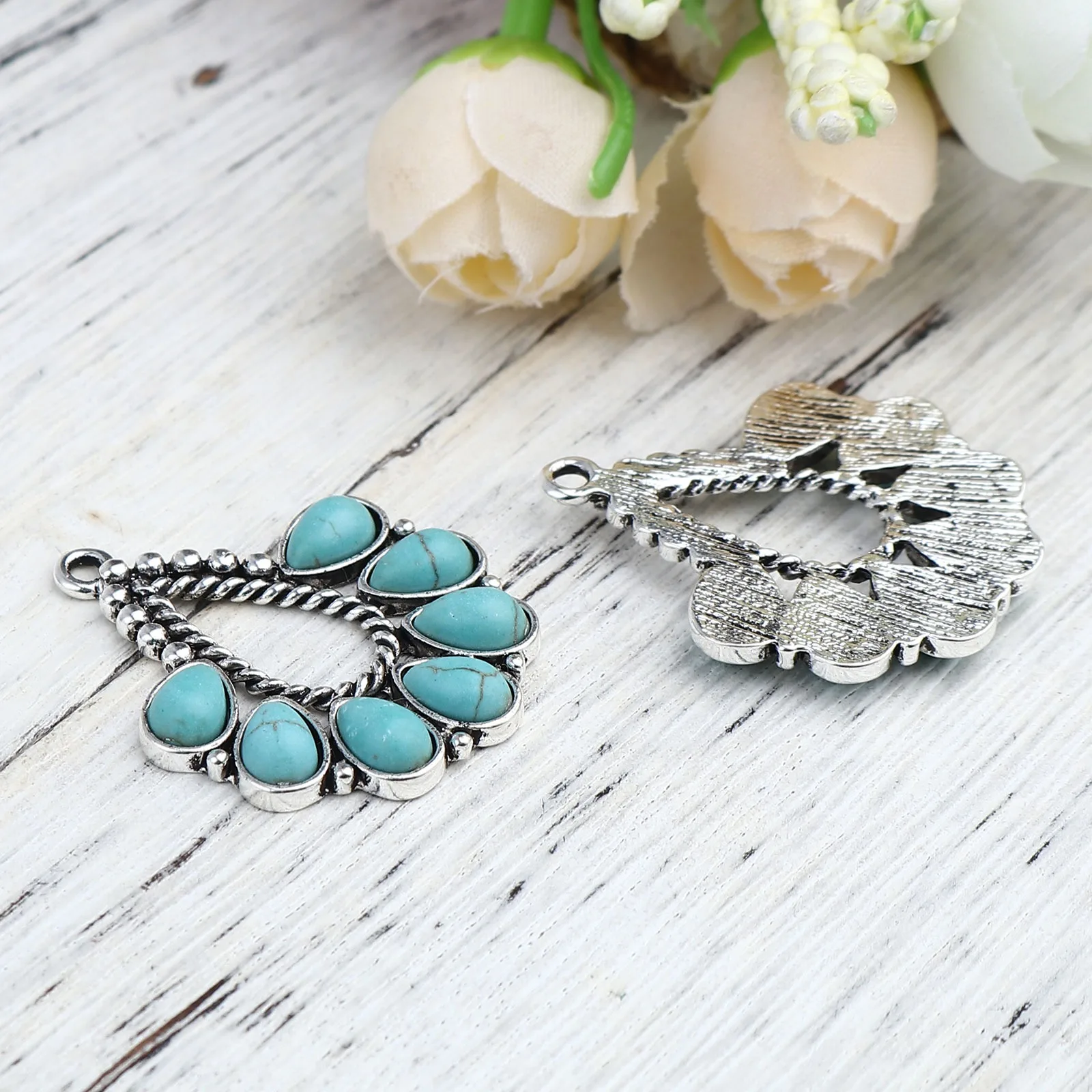 Bohemian Geometic Metal Pendants Marquise Antique Silver Color Green Blue  Charms DIY Necklace Jewelry,1-5PCs