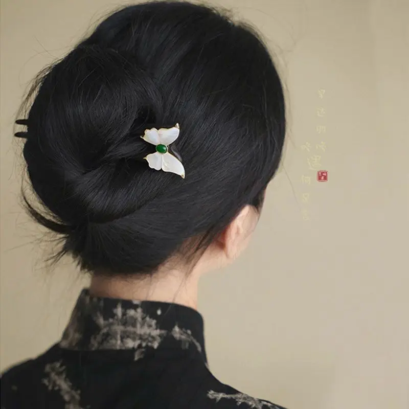 1pc Chinese style butterfly shell mother U-shaped hairpin, feminine temperament, braided hairpin, qipao hair accessory, hairpin