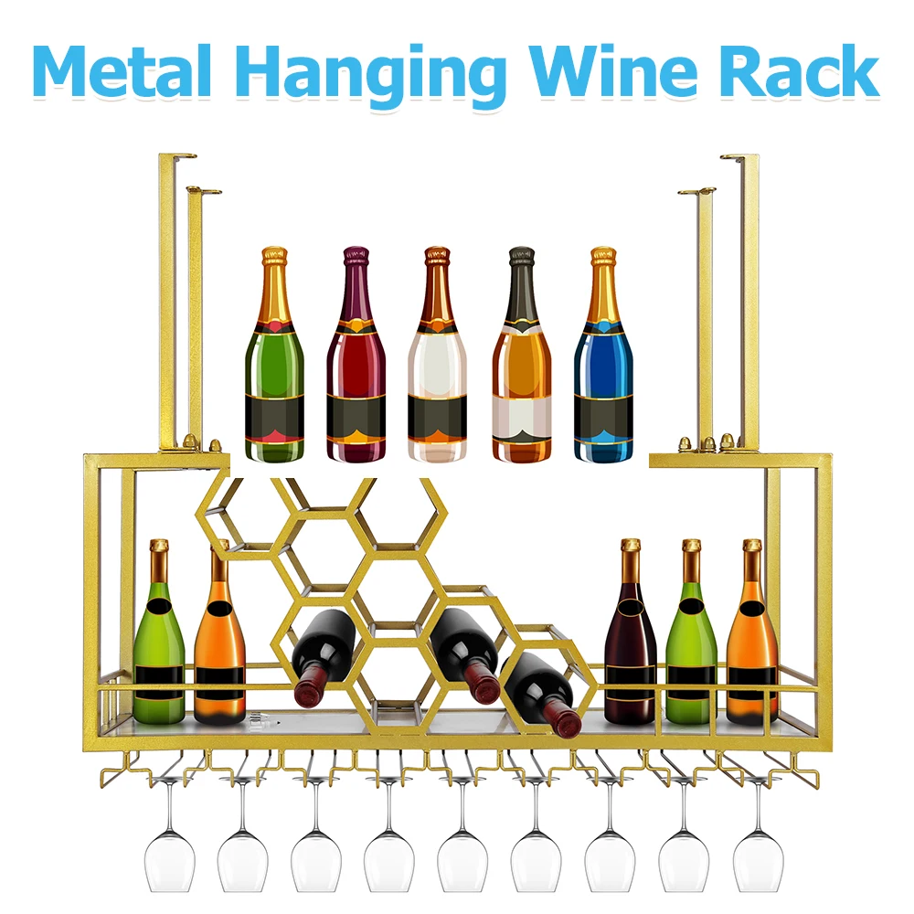 

Gold Metal Ceiling Mounted Wine Rack Two-Tier Hanging Wine Storage with Honeycomb Design Modern Home Bar Wine Display Shelf