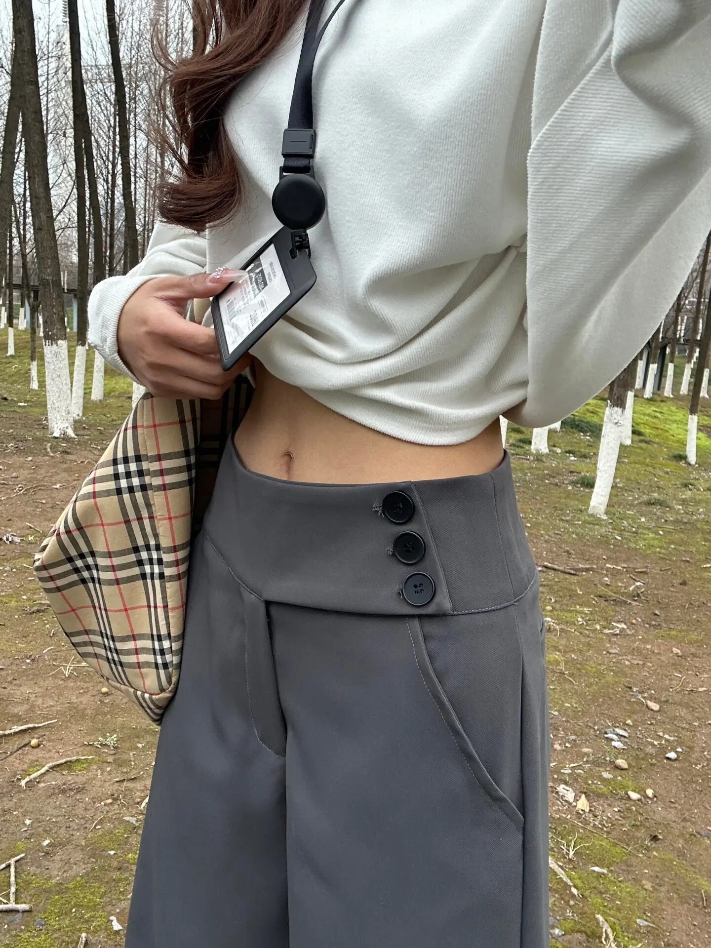 

Gray Korean Style Button Wide Leg Pants Women Summer Small Size High Waist Slimming Drape Loose Casual Straight Leg Pants