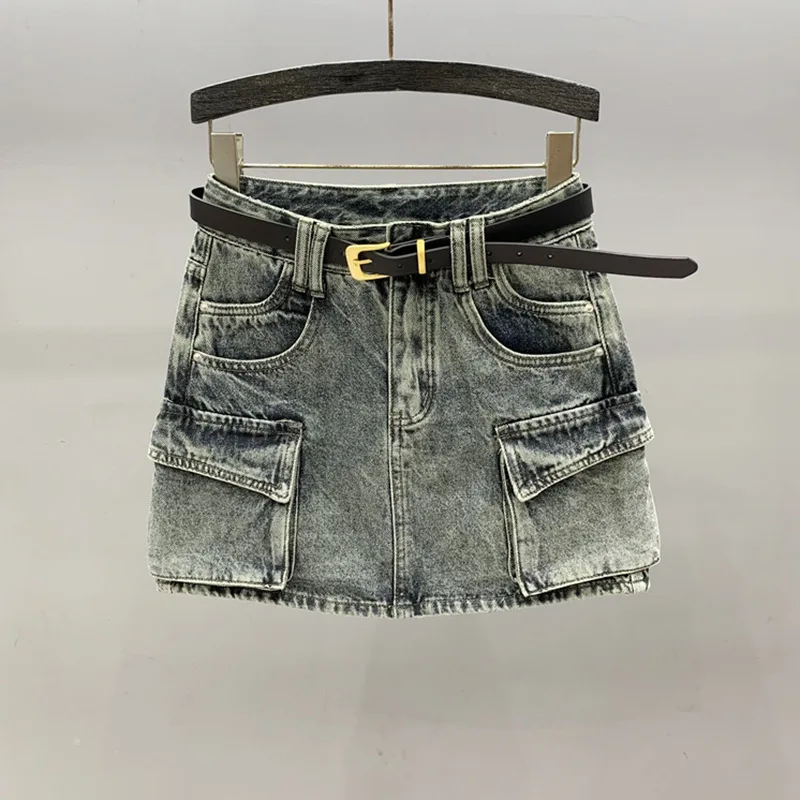 [Zoci] bunte Denim Midi Frauen Sommer, jugendliche vielseitige, stilvolle, hoch taillierte A-Linie kurzen Rock