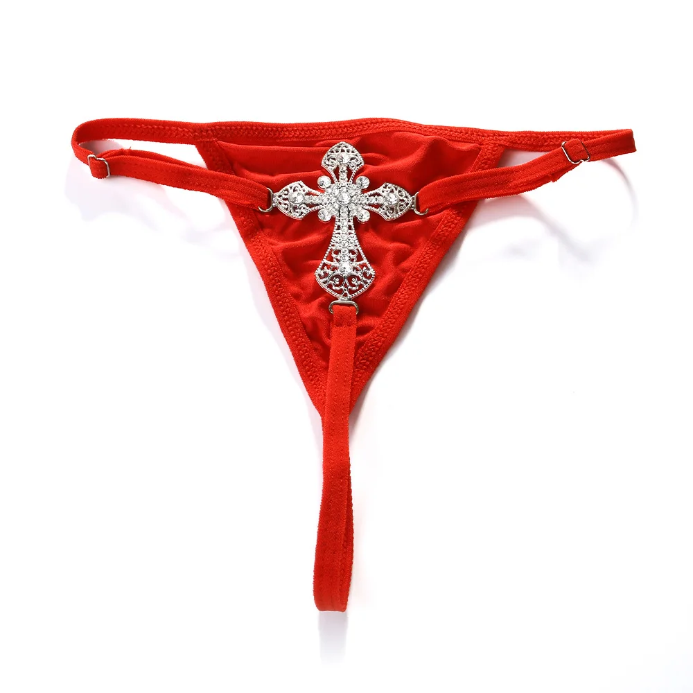 Stonefans المبالغة كبيرة الصليب حجر الراين ثونغ الجسم سلسلة للنساء مثير منخفضة الخصر الأحمر الأسود القماش سراويل رفيعة مجوهرات