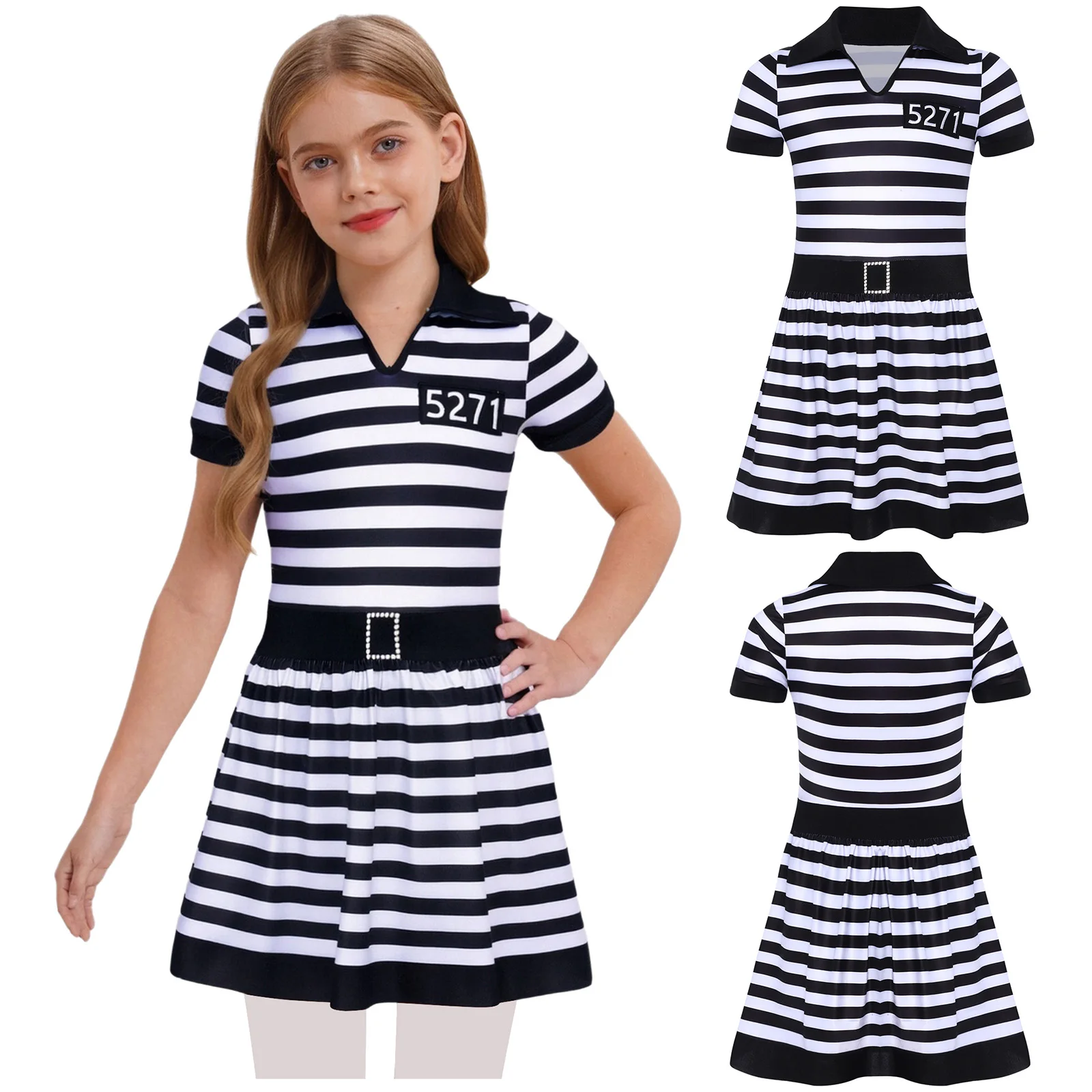 

Girls Halloween Prisoner Costume Prison Jailbird Cosplay Theme Party Fancy Dress Up Short Sleeve Ruffled Striped Dress Leotard