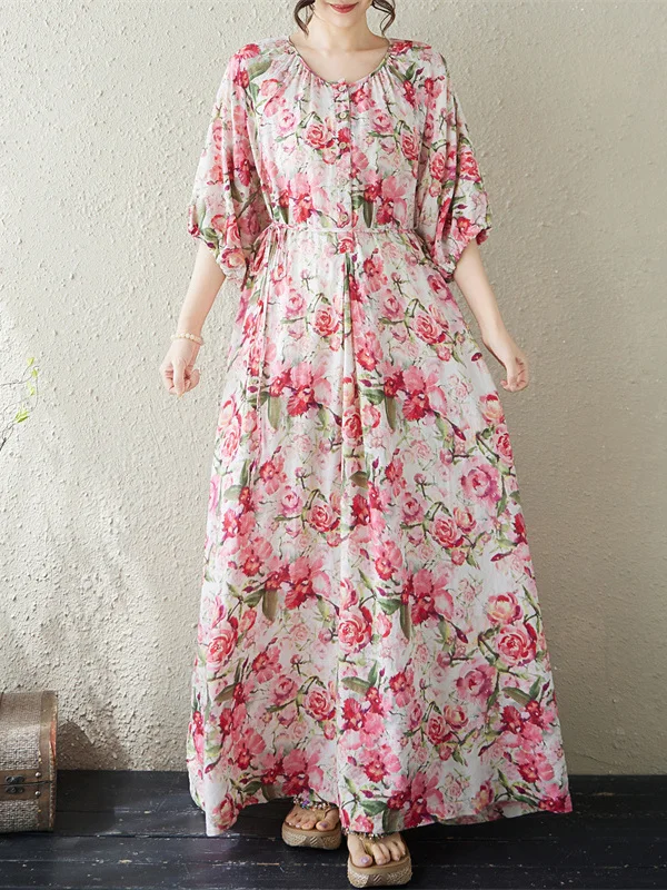 

Summer Floral Print Loose A-Line Midi Dress Belted Long Over-Knee Belly Concealing Slimming Cotton Vintage Style Citywalk Dress