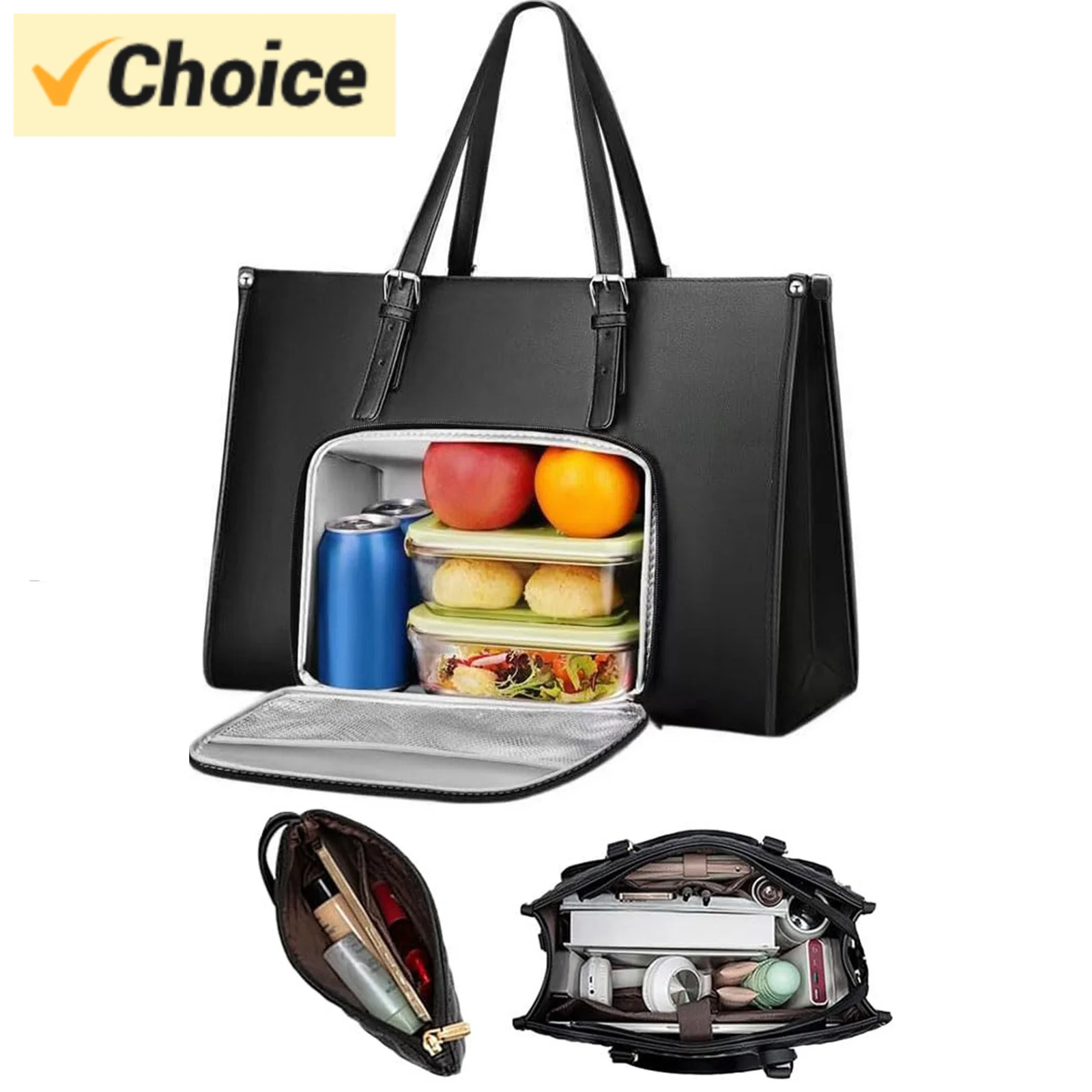 Lunch Tote Bag for Women, 15.6 Inch Laptop Bag with Insulated Lunch Compartment, Quilted Large Capacity Computer Handbag with Pu