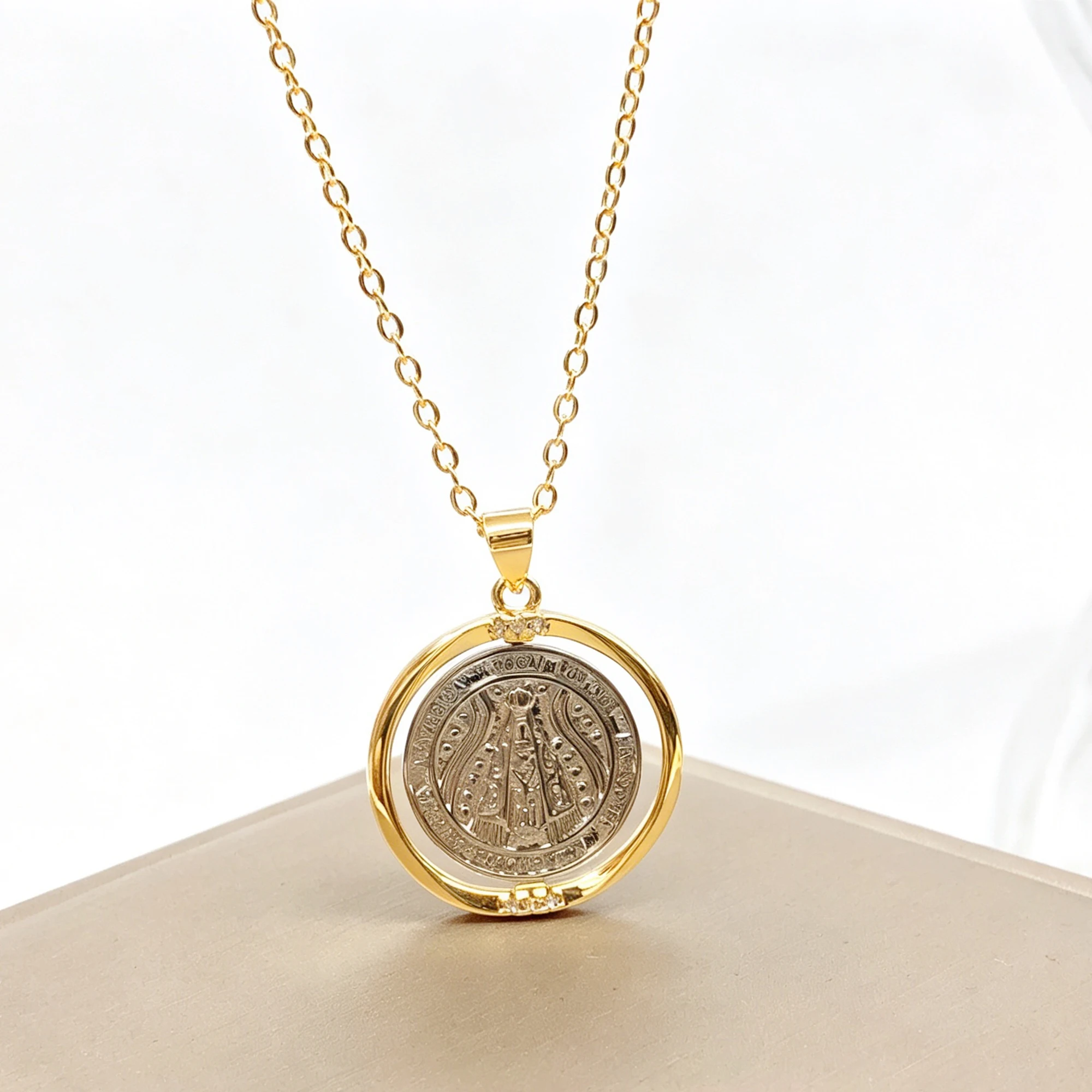 Gold Silver Plated Virgin Mary Saint Benedict Double-sided Rotatable Pendant Necklace for Men Women Christian Faith Jewelry Gift