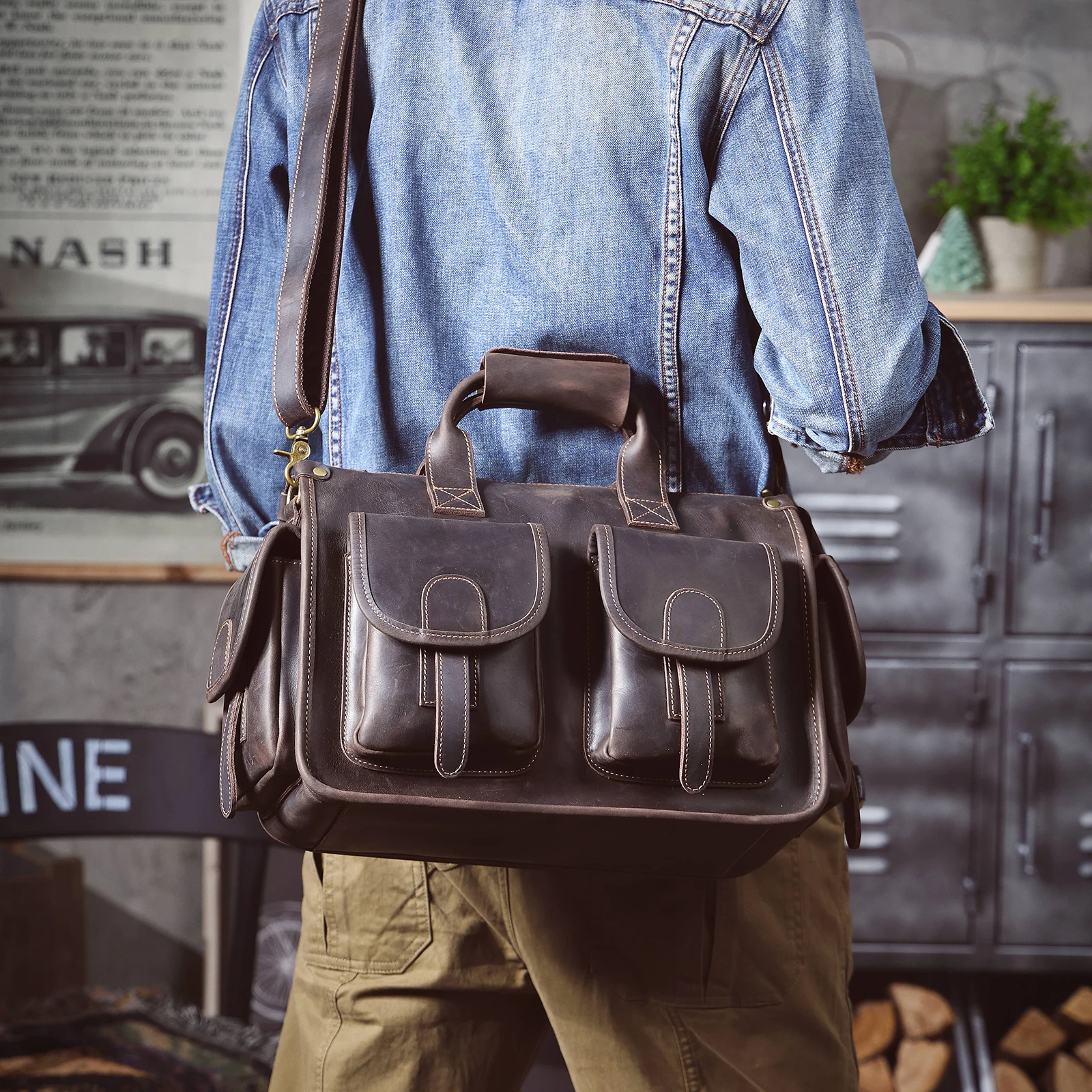 S.WORKER Vintage Echtleder Herren-Aktentasche 14" Laptop-Tasche Crazy Horse Leder Messenger-Handtasche Rindsleder Geschenkidee für Männer – Detail 4