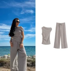 2024 Summer New Women's Fashion and Casual Design with Asymmetric Texture Top and Wide Leg Pants Set