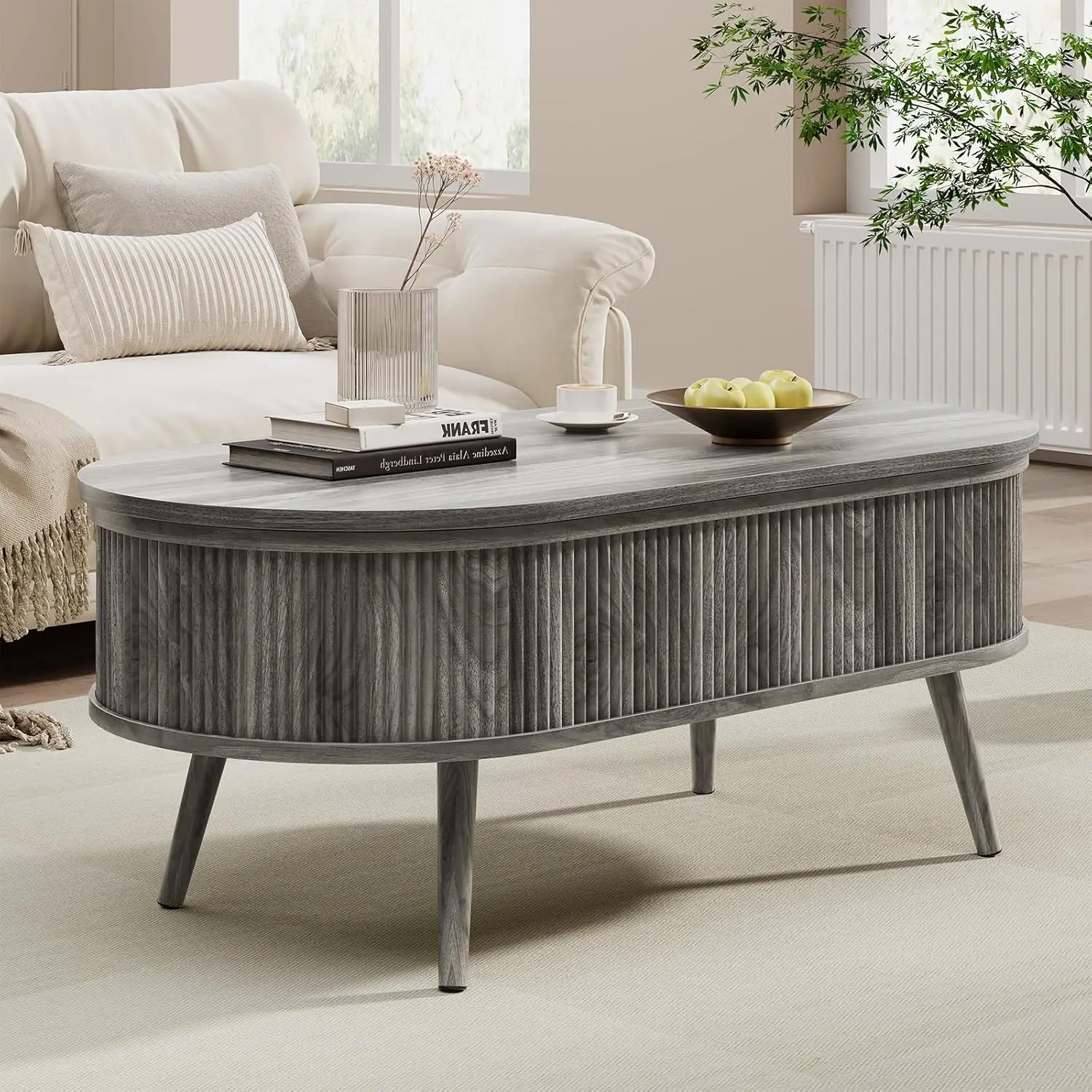 Oval Coffee Table With Storage, Fluted Coffee Table With Lift Top, Small Coffee Tables With Storage, Mid Century Modern Center T