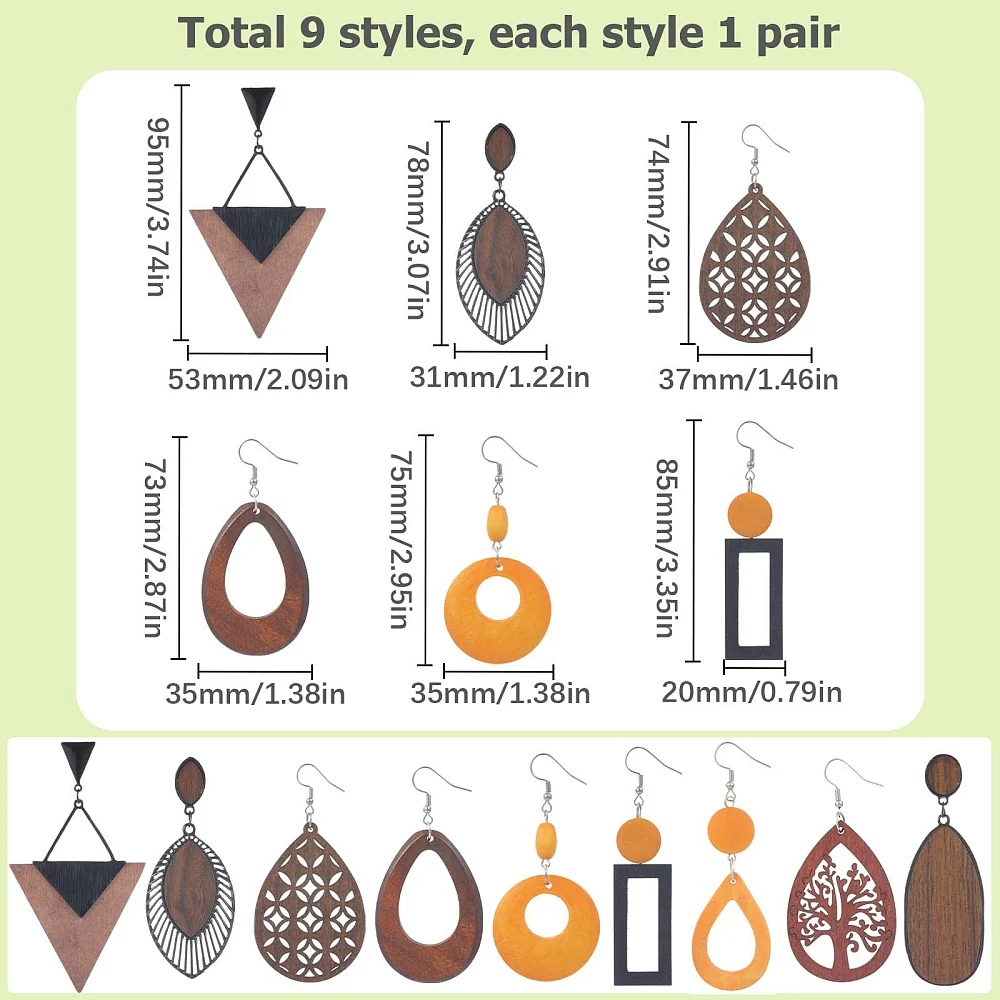 1 Box 9 Pairs Wood Earrings Wooden Dangle Earrings African Ethnic Lightweight Wood Teardrop Charms Earring Tree of Life Large